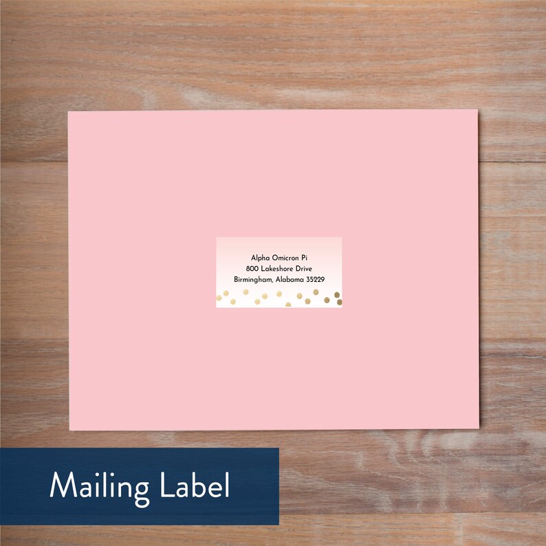 May include: A pink mailing label with gold confetti and the text "Alpha Omicron Pi 800 Lakeshore Drive Birmingham, Alabama 35229".