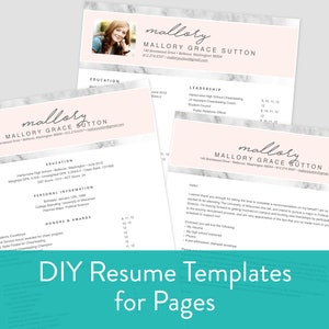 Puede incluir: Una plantilla de currículum vitae DIY para Pages, con un fondo de mármol y una superposición rosa. La plantilla incluye un encabezado con una foto, un nombre, información de contacto y secciones para educación, liderazgo, información personal, honores y premios.