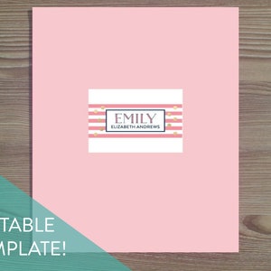 May include: A pink printable label template with white stripes and gold confetti. The text on the label reads "EMILY ELIZABETH ANDREWS". DIY EDITABLE TEMPLATE! is written in teal text on a white background.