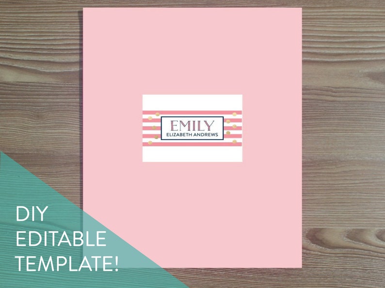 May include: A pink printable label template with white stripes and gold confetti. The text on the label reads "EMILY ELIZABETH ANDREWS". DIY EDITABLE TEMPLATE! is written in teal text on a white background.