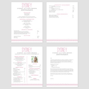 May include: A black and white resume with pink accents. The resume is for Sydney Allison Brown. It includes sections for education, personal information, awards and honors, activities, community involvement, work experience, and hobbies.