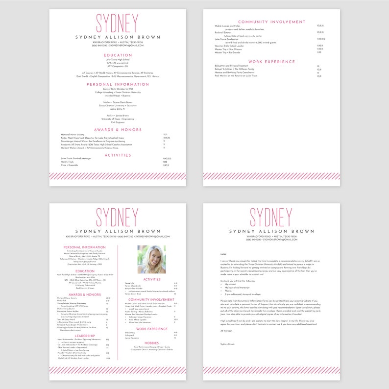 May include: A black and white resume with pink accents. The resume is for Sydney Allison Brown. It includes sections for education, personal information, awards and honors, activities, community involvement, work experience, and hobbies.