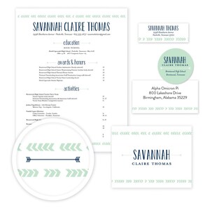 May include: A stationery set including a CV, address labels, and business cards. The CV displays the name "Savannah Claire Thomas" and contact details. The design uses navy blue and mint green with arrow and chevron patterns.