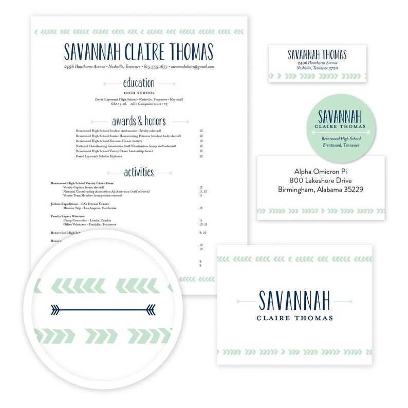 May include: A stationery set including a CV, address labels, and business cards. The CV displays the name "Savannah Claire Thomas" and contact details. The design uses navy blue and mint green with arrow and chevron patterns.