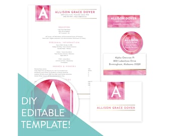 Editable Sorority Packet Template / Modern Watercolor / Social Resume / Sorority Recruitment Packet / Sorority Stationery