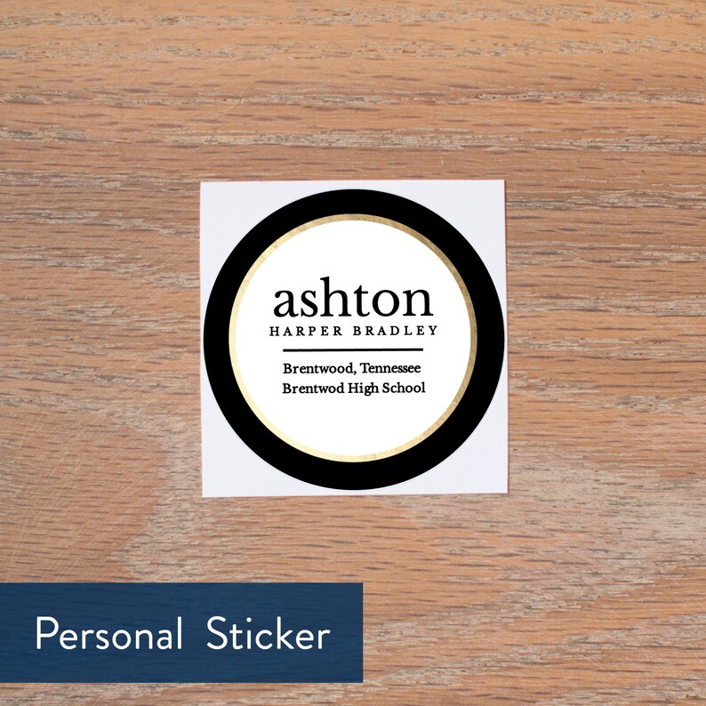 May include: A black and gold round sticker with the text "ashton HARPER BRADLEY Brentwood, Tennessee Brentwood High School" in white.
