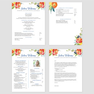 May include: A floral-themed resume template with a blue and white border. The resume includes sections for personal information, education, awards and honors, activities, community involvement, work experience, leadership, and hobbies. The resume is decorated with watercolor flowers in shades of pink, orange, yellow, and blue.