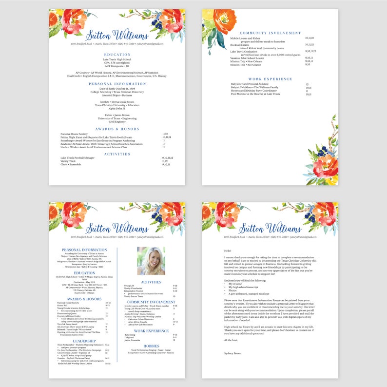 May include: A floral-themed resume template with a blue and white border. The resume includes sections for personal information, education, awards and honors, activities, community involvement, work experience, leadership, and hobbies. The resume is decorated with watercolor flowers in shades of pink, orange, yellow, and blue.