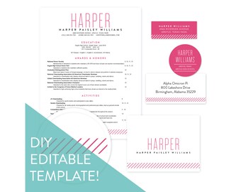 Könnte beinhalten: Eine rosa und weiße druckbare Lebenslaufvorlage mit dem Namen "Harper" und dem Text "DIY Editable Template!" in einem blaugrünen Kasten. Die Lebenslaufvorlage enthält Abschnitte für Ausbildung, Auszeichnungen und Ehrungen, Aktivitäten und einen Kontaktbereich mit dem Namen "Harper Williams" und der Adresse.