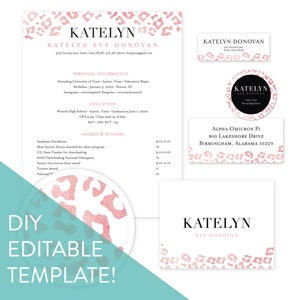 May include: A pink and white leopard print design template for a resume, business card, and social media post. The text "KATELYN EVE DONOVAN" is featured on the resume and business card.