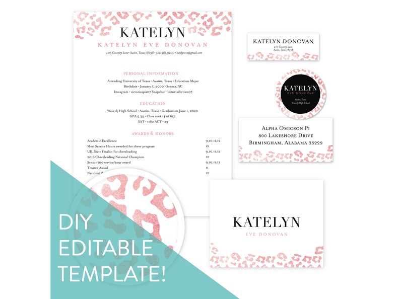 May include: A pink and white leopard print design template for a resume, business card, and social media post. The text "KATELYN EVE DONOVAN" is featured on the resume and business card.