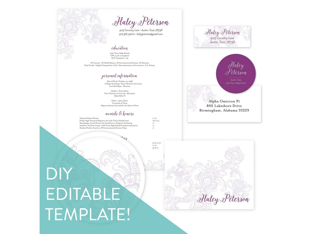 Editable Sorority Packet Template / Delicate Lace / Social Resume ...