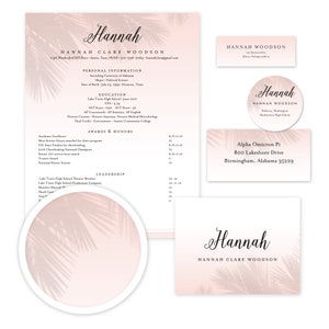 May include: A pink and white CV with a palm leaf design. The CV is for Hannah Clare Woodson. It includes her contact information, education, awards and honours, and leadership experience. The CV also includes a logo with her name and the text "Alpha Omicron Pi, 800 Lakeshore Drive, Birmingham, Alabama 35229".