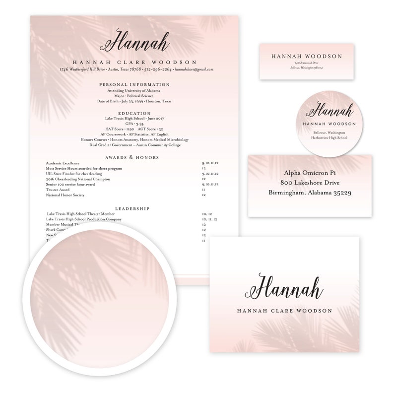 May include: A pink and white CV with a palm leaf design. The CV is for Hannah Clare Woodson. It includes her contact information, education, awards and honours, and leadership experience. The CV also includes a logo with her name and the text "Alpha Omicron Pi, 800 Lakeshore Drive, Birmingham, Alabama 35229".