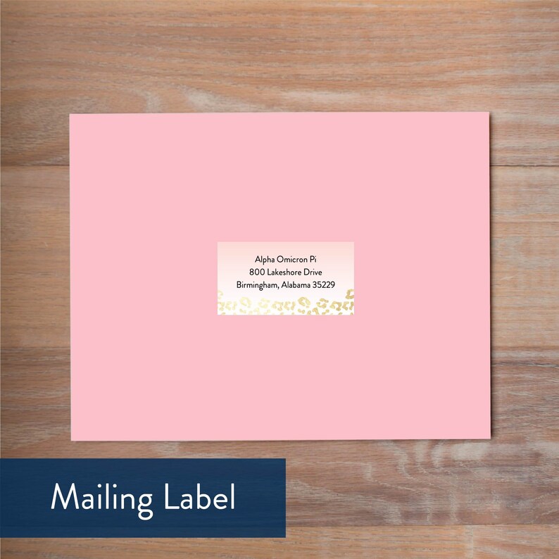 May include: A pink mailing label with a gold and white patterned border. The text on the label reads "Alpha Omicron Pi, 800 Lakeshore Drive, Birmingham, Alabama 35229".