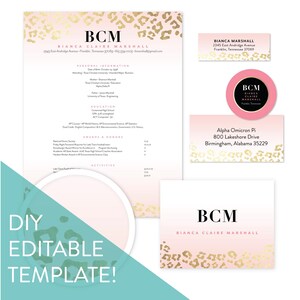 May include: A pink and gold printable resume template with a leopard print design. The template includes a resume, business card, and address label. The text on the resume reads "BCM Bianca Claire Marshall".