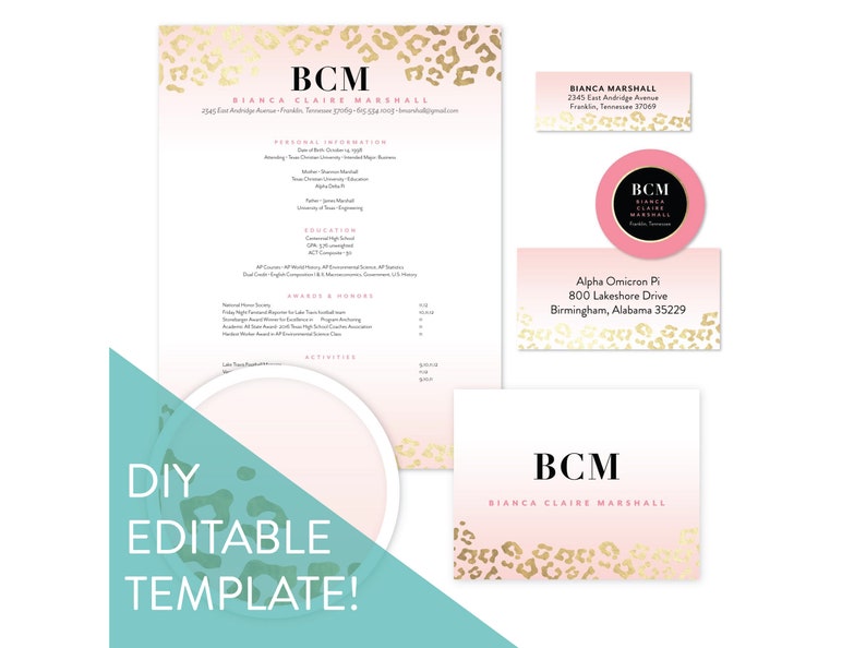May include: A pink and gold printable resume template with a leopard print design. The template includes a resume, business card, and address label. The text on the resume reads "BCM Bianca Claire Marshall".