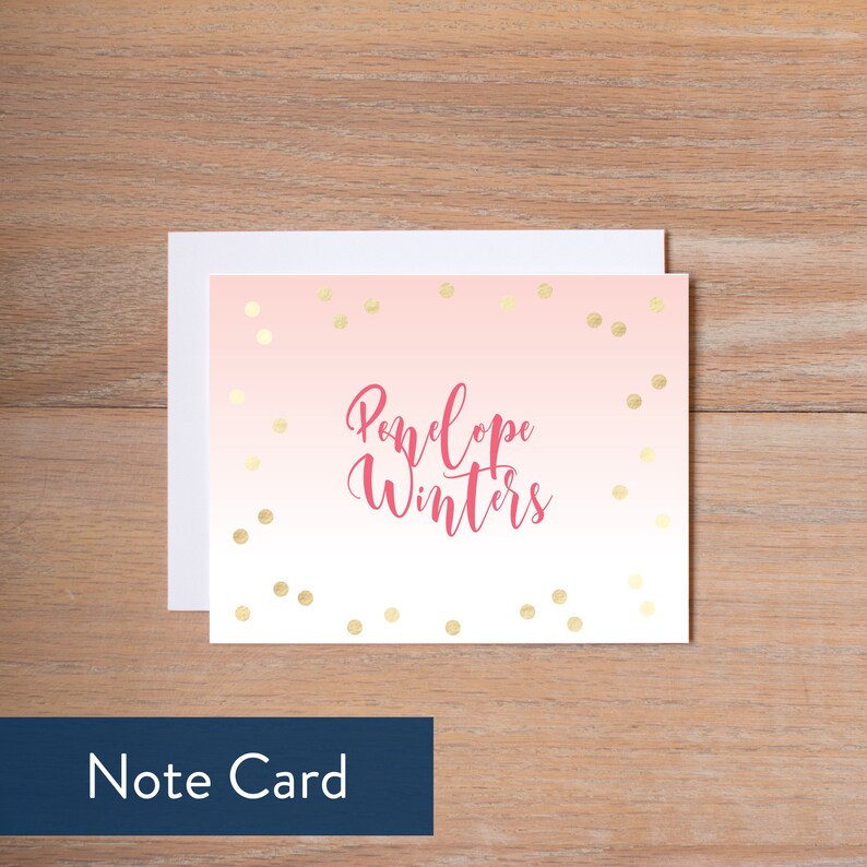 May include: A pink and white note card with gold confetti and the name "Penelope Winters" written in pink cursive.