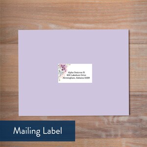 May include: A light purple mailing label with a floral design and the text "Alpha Omicron Pi 800 Lakeshore Drive Birmingham, Alabama 35229".