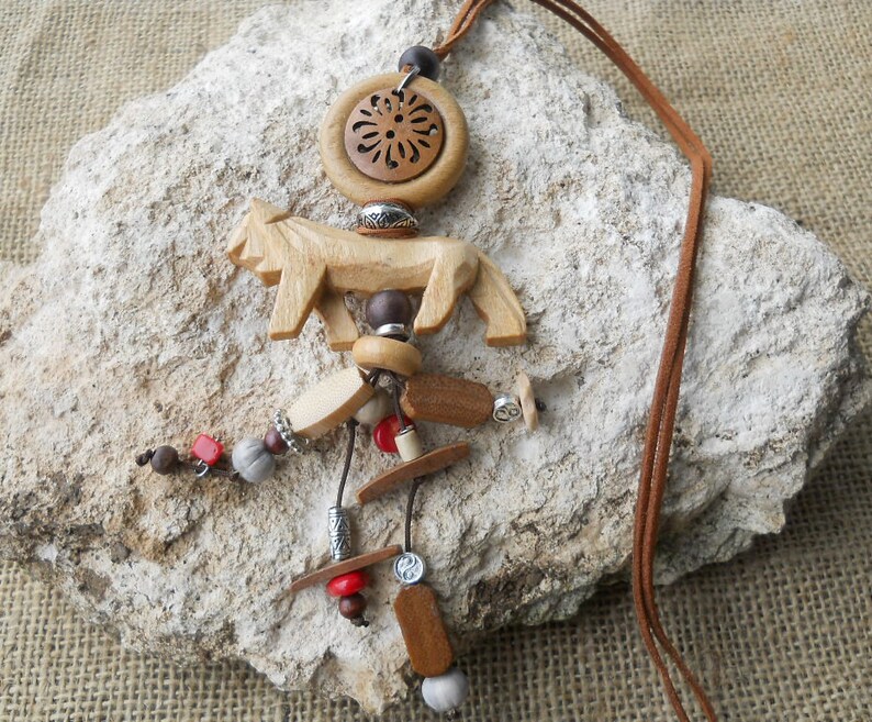Boho Leather Long Necklace with Wooden beads Suede Cord Wood Pendant,Necklace with charms,Long Hippie leather necklace.FREE SHIPPING.