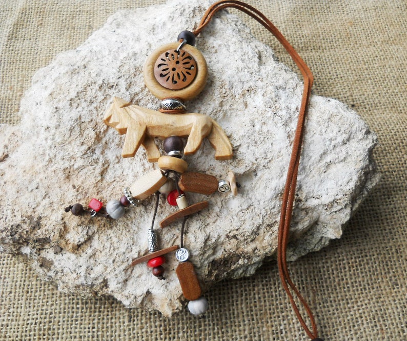 Boho Leather Long Necklace with Wooden beads Suede Cord Wood Pendant,Necklace with charms,Long Hippie leather necklace.FREE SHIPPING.
