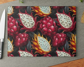 Dragon Fruit Glass Cutting Board Summer Print Tropical Leaves Home Decor Kitchen Accessories Housewarming Gift