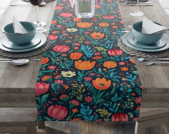 Bright Floral Blooms Table Runner (Cotton, Poly) Flowers Spring Print Kitchen Accessories Home Decor