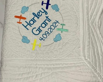 Personalized Heirloom Baby Boy Quilt, Embroidered Baby Quilt with Name & Birthday Stats, Newborn Keepsake Quilt, Baby Boy Shower Gift