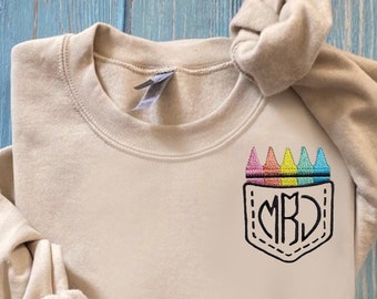 Crayon Pocket Teacher Sweatshirt, Personalized Teacher Sweatshirt, Custom Teacher Sweatshirt, Gift for Teacher, Teacher Monogram Crew