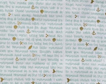 Riley Blake Let's Be Mermaids Words Gold Metallic - White -Cotton/Sewing/Quilting/Melissa Mortenson/Half Yard/Full Yard/ Out of Print Fabric