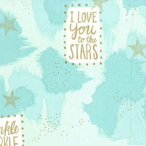 May include: A light blue and white patterned background with gold stars and the text "I LOVE You to the STARS" in gold lettering. The design has a watercolor effect with brushstrokes.