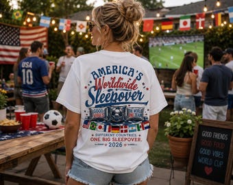 America's Worldwide Sleepover T-shirt | Travel Flags 2026 Camp Graphic