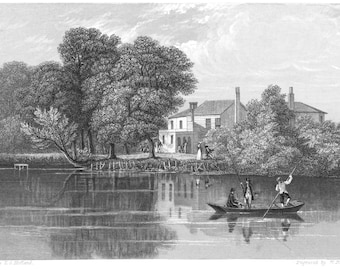 Fishing from a Punt. A beautiful detailed etching by W R Smith (1787-c.1839) from a painting by T C Hofland (1777–1843).