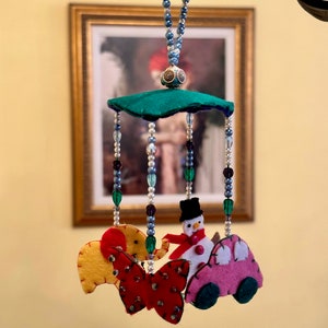 Christmas Heirloom Handmade Felt Mobile ornament with glass beads and characters