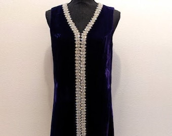 Vintage 1960's Royal Purple Velvet Dress With Rhinestone Trim FREE SHIPPING Eligible For Layaway