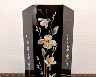 Vintage 1940's Black Lacquer Hexagon Floral Design Vase FREE SHIPPING