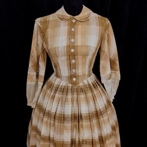 Vintage Long Sleeve Caramel & Cream Madras Plaid Dress By Susan Evans FREE SHIPPING