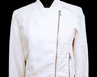 Vintage 1980's White Faux Leather Jacket Size Small FREE SHIPPING