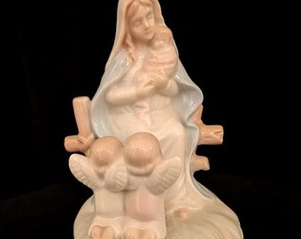 VTG. Rotating, Porcelain Music Box Madonna & Child With Angels, Plays Ave Maria