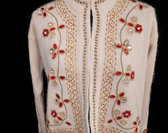 Vintage Pierre Cardin, Angora & Silk Cream Color Cardigan Sweater, Beaded Size Medium