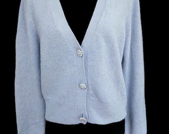 H&M Soft Knit Cardigan Sweater with Rhinestone Jewel Buttons and Split Cuffs, Pale Blue