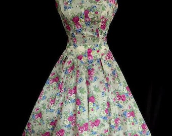 1950s Vintage Floral Mid-Century Dress | Sleeveless Swing Dress with Back Tie Waist & Portrait Neckline