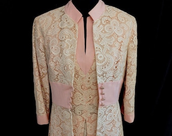 Vintage Cream Lace Sleeveless Dress W/ Matching Spring Coat FREE SHIPPING