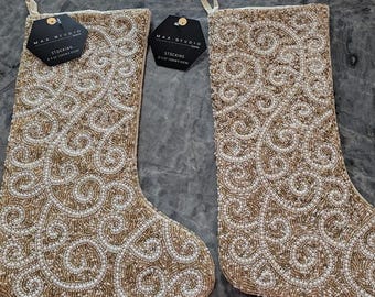 Set of 2 NWT Max Studio Home  Christmas Stockings 8" x 22", Elegant Gold Beads and Pearls in a Swirl Scroll Pattern. Holiday Decor,