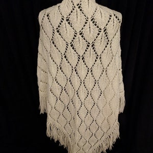 Vintage Hand Made White Poncho With Decorative Fringe Accents FREE SHIPPING