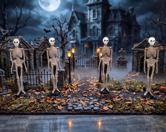 Dept 56 Skull Street Lamps Set of 4, Snow Village Halloween Accessories 56.53079, Retired Vintage Miniature Spooky Lit Lamp Posts 2002-2007