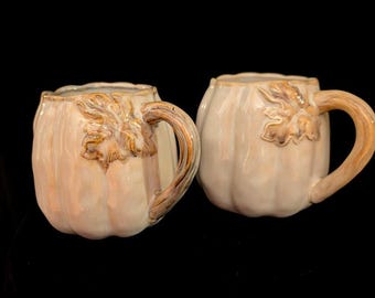 Pier 1  White Pumpkin Mugs Set of 2, Iridescent Glazed Ceramic Fall Mugs, Harvest Thanksgiving Table Decor, Cottage-core Autumn Drinkware