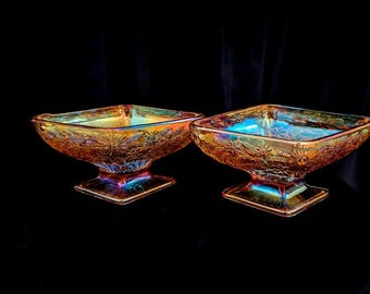 Pair of Indiana Glass Pineapple & Floral Berry Bowls, Iridescent, Carnival Glass Diamond Shaped Candy Dishes, Mid-Century