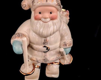 Vintage 2001 Lenox Santa's Downhill Delivery Ornament, Fine Ivory Porcelain Skiing Santa Claus Christmas Decor, 24k Gold Accents