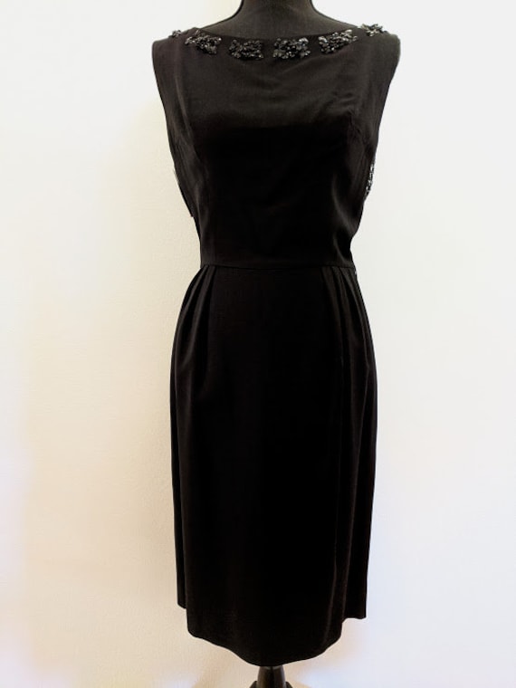Vintage 1950's Black Cocktail Dress With Beaded Fr